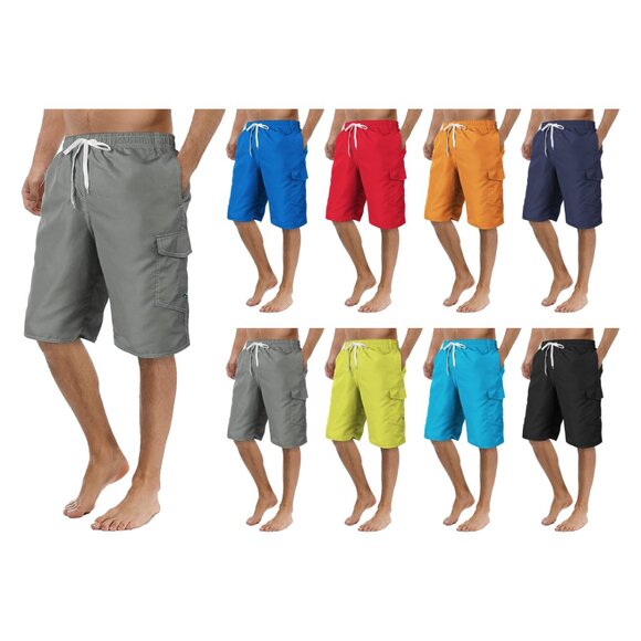 Men's Quick Dry Cargo Swim Trunks Beachwear with Pockets Solid Flex Board Shorts - Picture 7 of 16